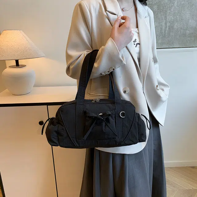單倉 韩版芭蕾少女蝴蝶结设计初高中学生大容量通勤百搭手提包 尼龙 单肩包 女款 白色/绿色/灰色/卡其色/黑色