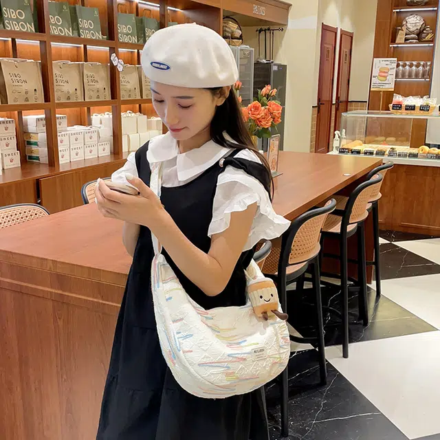單倉 韩版高颜值初高中学生大容量斜挎包时尚设计百搭手提包帆布包 帆布 手拎单肩包 女款 白色/粉色/黄色/黑色