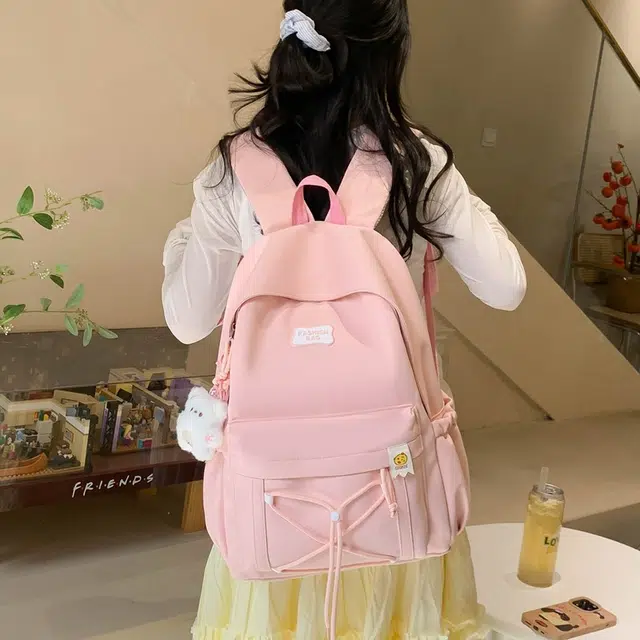 單倉 韩版软糯初高中学生通勤百搭大容量书包马卡龙简约休闲背包 斜纹布 双肩包 男女同款情侣款 黑色/粉红色/黄色/浅绿色/米色
