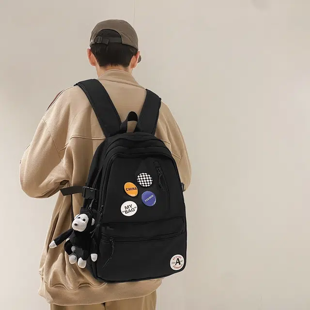 單倉 潮流简约设计大容量初高中学生轻便百搭书包 尼龙 背包双肩包 常规 男女同款情侣款 黑色/黑配白/浅蓝配白/深蓝配白