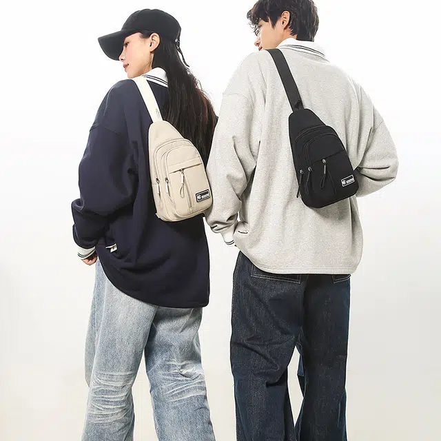 單倉 潮流简约 尼龙 胸包 男女同款情侣款 米白色/黑色/卡其色/绿色