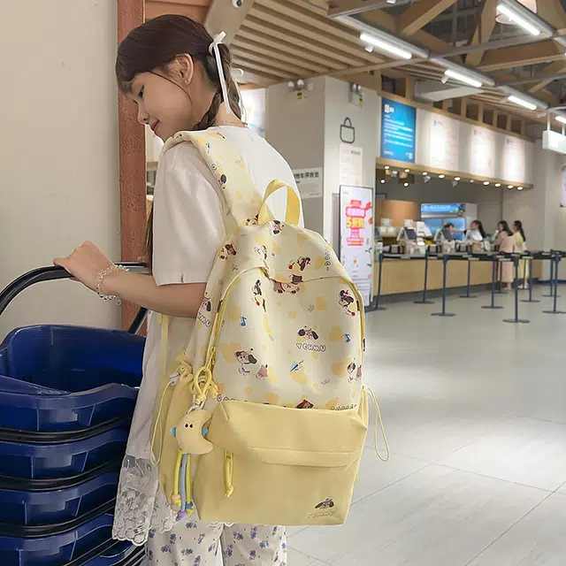 單倉 高颜值印花设计学院风轻便耐磨书包初高中学生大容量通勤百搭背包 尼龙 双肩包 常规 男女同款情侣款 黑色/粉色/蓝色/绿色/黄色