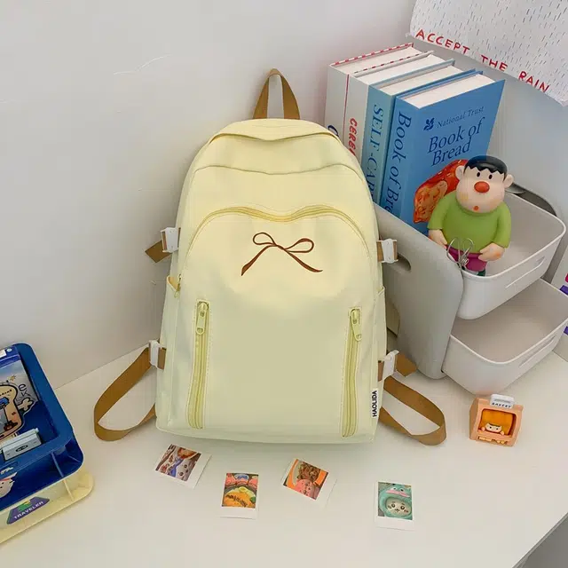單倉 韩系可爱蝴蝶结设计初高中学生大容量书包简约通勤百搭背包 尼龙 双肩包 女款 米白色/黄色/粉色/蓝色/黑色