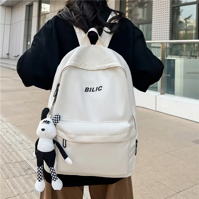 單倉 纯色简约字母原宿风初高中学生时尚潮流百搭旅行休闲 复合布 书包背包双肩包 常规 男女同款情侣款 灰色/黑色/酒红色/米白色