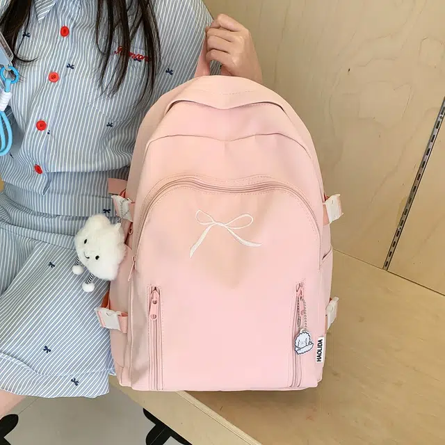 單倉 韩系可爱蝴蝶结设计初高中学生大容量书包简约通勤百搭背包 尼龙 双肩包 女款 米白色/黄色/粉色/蓝色/黑色