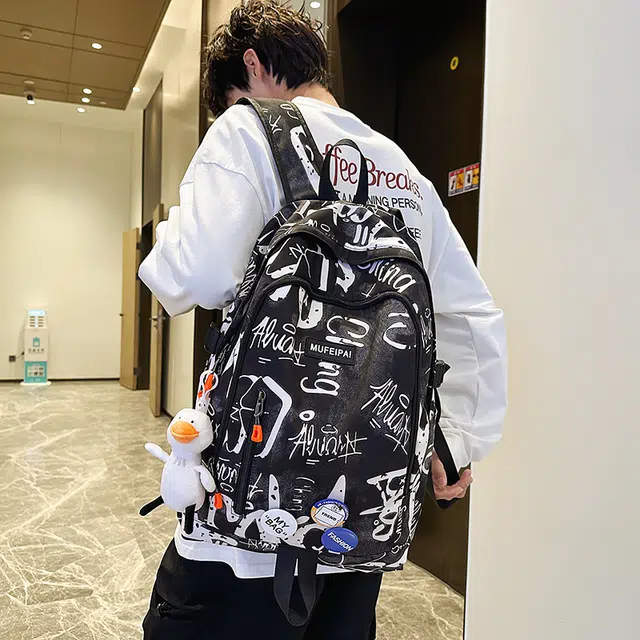 單倉 时尚个性街头涂鸦双肩包初高中学生百搭潮酷大容量旅行 尼龙 书包背包 常规 男女同款情侣款 蓝色/白色/黑色