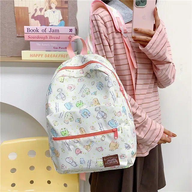 單倉 高颜值可爱卡通印花时尚设计通勤百搭学院风背包初高中学生大容量轻便耐磨书包 尼龙 双肩包 常规 女款 粉色/蓝色