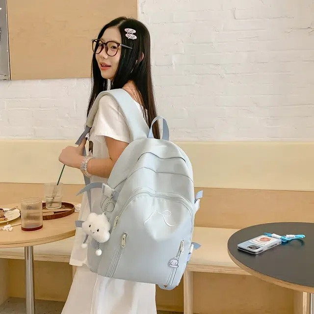 單倉 韩系可爱蝴蝶结设计初高中学生大容量书包简约通勤百搭背包 尼龙 双肩包 女款 米白色/黄色/粉色/蓝色/黑色