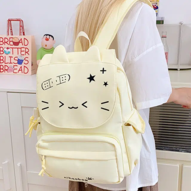 單倉 高颜值可爱猫咪日系可拆卸学院风轻便耐磨背包初高中学生大容量通勤百搭书包 尼龙布 双肩痛包 常规 女款 黄色/绿色/蓝色/黑色