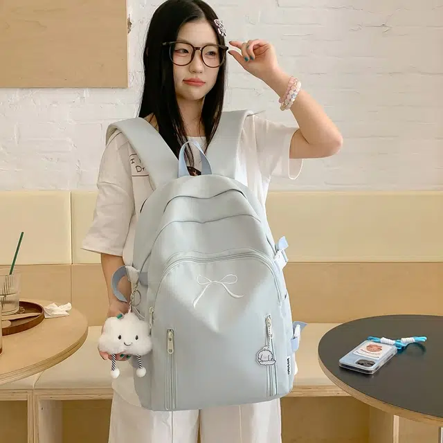 單倉 韩系可爱蝴蝶结设计初高中学生大容量书包简约通勤百搭背包 尼龙 双肩包 女款 米白色/黄色/粉色/蓝色/黑色
