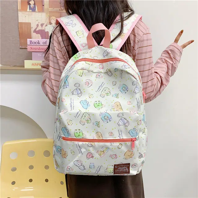 單倉 高颜值可爱卡通印花时尚设计通勤百搭学院风背包初高中学生大容量轻便耐磨书包 尼龙 双肩包 常规 女款 粉色/蓝色