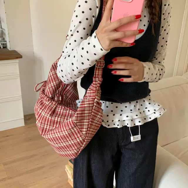 單倉 格纹抽绳轻便休闲日常通勤腋下包 布 单肩包 常规 女款 红色/蓝色/黑色