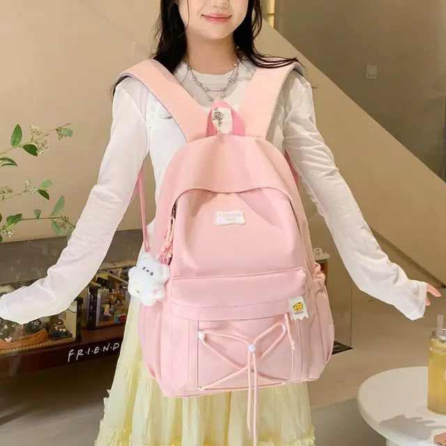 單倉 韩版软糯初高中学生通勤百搭大容量书包马卡龙简约休闲背包 斜纹布 双肩包 男女同款情侣款 黑色/粉红色/黄色/浅绿色/米色