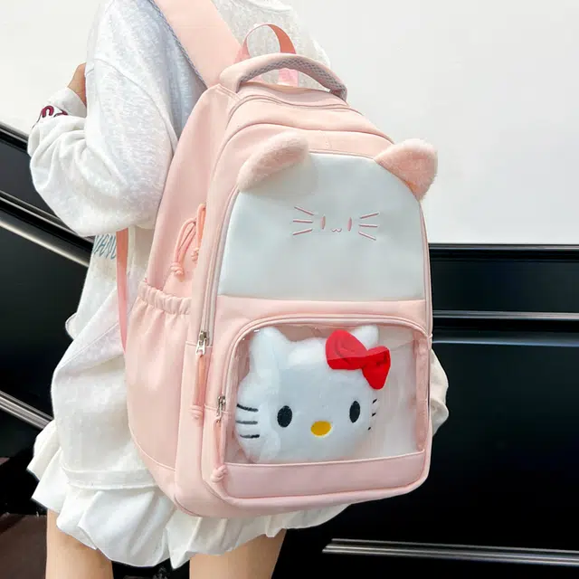 單倉 高颜值可爱猫咪时尚设计学院风通勤百搭背包初高中学生大容量轻便耐磨书包 尼龙 双肩痛包 常规 女款 粉色/酒红色/咖色/黑色/紫色