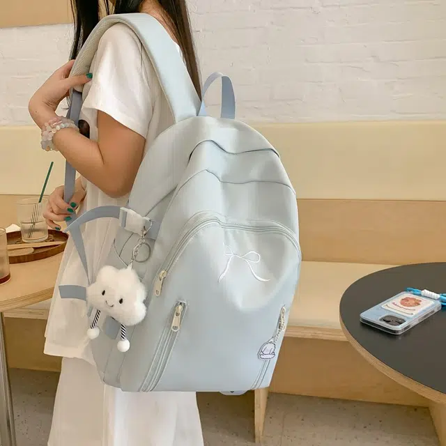 單倉 韩系可爱蝴蝶结设计初高中学生大容量书包简约通勤百搭背包 尼龙 双肩包 女款 米白色/黄色/粉色/蓝色/黑色