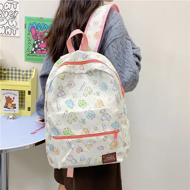 單倉 高颜值可爱卡通印花时尚设计通勤百搭学院风背包初高中学生大容量轻便耐磨书包 尼龙 双肩包 常规 女款 粉色/蓝色