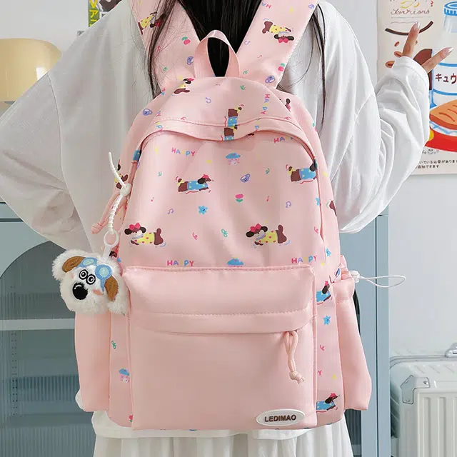 單倉 可爱印花时尚设计学院风通勤百搭学院风背包初高中学生大容量轻便耐磨书包 尼龙 双肩包 常规 女款 粉色/蓝色/黄色/绿色