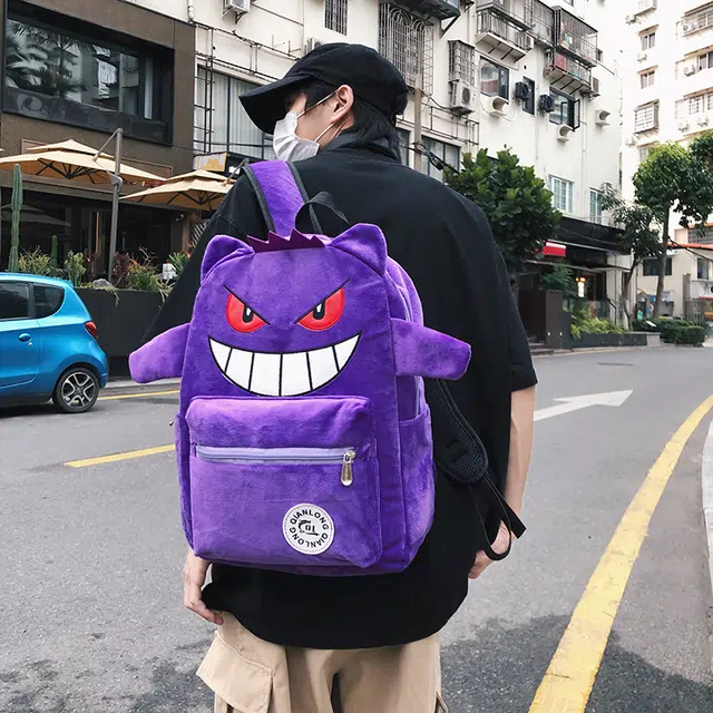 單倉 小众设计休闲百搭个性潮酷书包初高中学生大容量卡通搞怪吸睛 毛绒 电脑背包双肩包 常规 男女同款情侣款 黑色