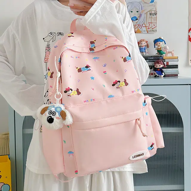 單倉 可爱印花时尚设计学院风通勤百搭学院风背包初高中学生大容量轻便耐磨书包 尼龙 双肩包 常规 女款 粉色/蓝色/黄色/绿色