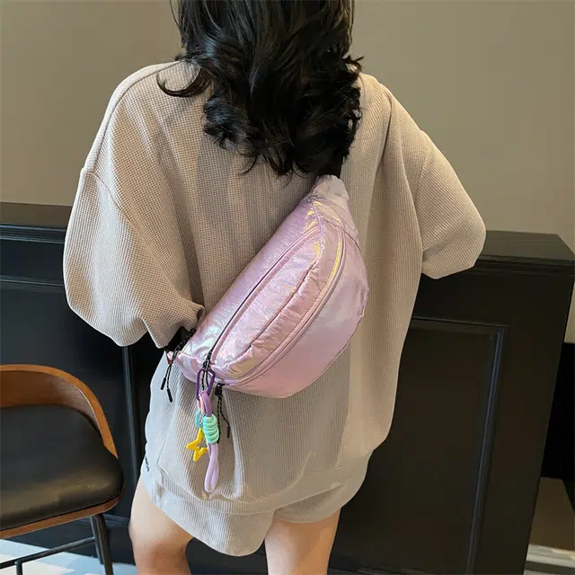 單倉 小众感炫彩变色时尚休闲 尼龙 单肩斜挎手机包腰包胸包 常规 男女同款情侣款 紫色/米白色/绿色