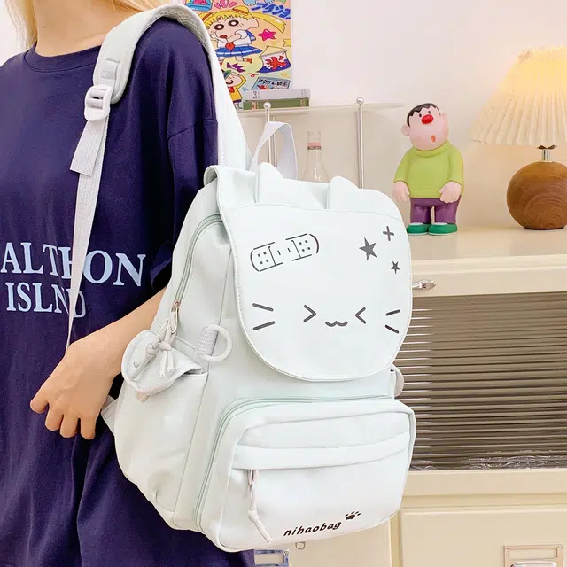 單倉 高颜值可爱猫咪日系可拆卸学院风轻便耐磨背包初高中学生大容量通勤百搭书包 尼龙布 双肩痛包 常规 女款 黄色/绿色/蓝色/黑色