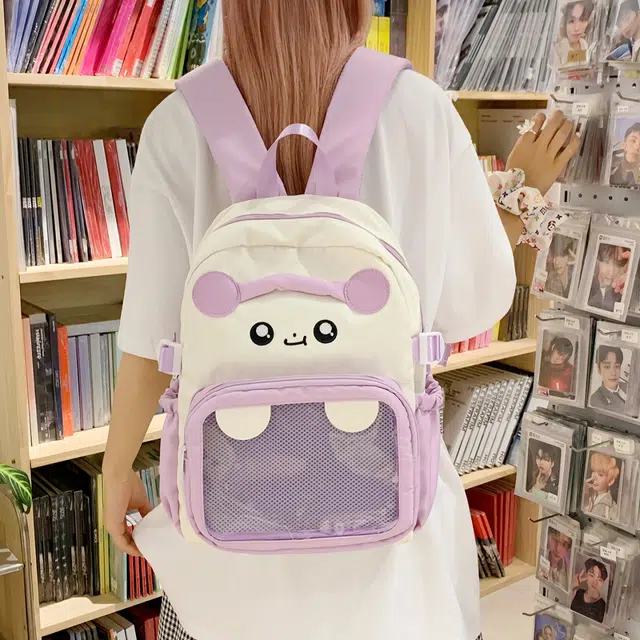單倉 日系可爱卡通设计学院风轻便耐磨背包初高中学生大容量通勤百搭书包 尼龙布 双肩包 常规 女款 白色/粉色/蓝色/紫色/黑色
