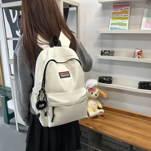 單倉 日系简约休闲学院风通勤百搭初高中学生大容量轻便设计感书包 尼龙 背包双肩包 男女同款情侣款 黑色/白色/粉色/灰色/蓝色/绿色