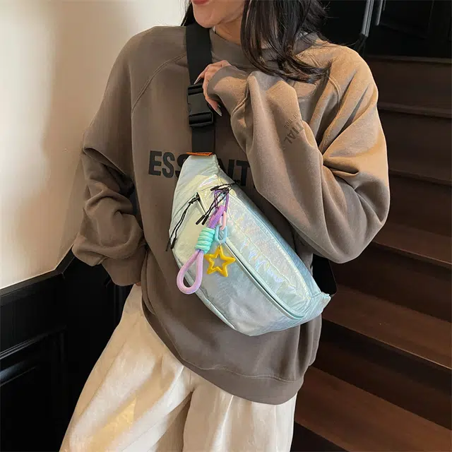 單倉 小众感炫彩变色时尚休闲 尼龙 单肩斜挎手机包腰包胸包 常规 男女同款情侣款 紫色/米白色/绿色