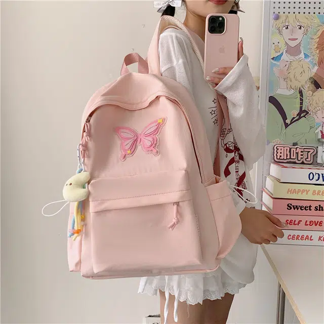 單倉 可爱元气小清新日系高颜值轻便耐磨背包学院风初高中学生大容量通勤百搭书包 牛津布 双肩包 常规 女款 粉色/蓝色/黄色/绿色