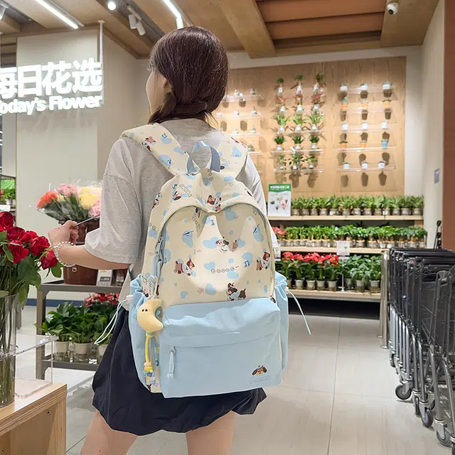 單倉 高颜值印花设计学院风轻便耐磨书包初高中学生大容量通勤百搭背包 尼龙 双肩包 常规 男女同款情侣款 黑色/粉色/蓝色/绿色/黄色