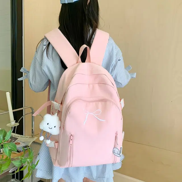 單倉 韩系可爱蝴蝶结设计初高中学生大容量书包简约通勤百搭背包 尼龙 双肩包 女款 米白色/黄色/粉色/蓝色/黑色