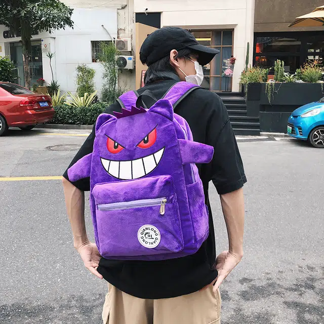 單倉 小众设计休闲百搭个性潮酷书包初高中学生大容量卡通搞怪吸睛 毛绒 电脑背包双肩包 常规 男女同款情侣款 黑色