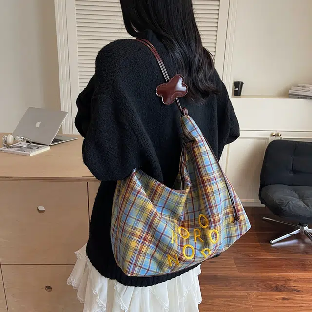 單倉 复古休闲慵懒风格子时尚设计轻便耐磨腋下斜挎包学院风初高中学生通勤百搭 布 单肩包 常规 女款 绿色/蓝色/黑色