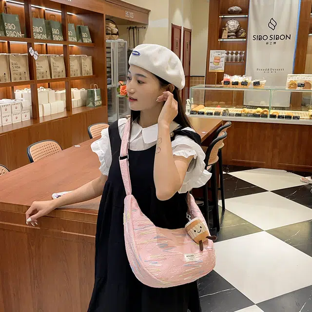 單倉 韩版高颜值初高中学生大容量斜挎包时尚设计百搭手提包帆布包 帆布 手拎单肩包 女款 白色/粉色/黄色/黑色