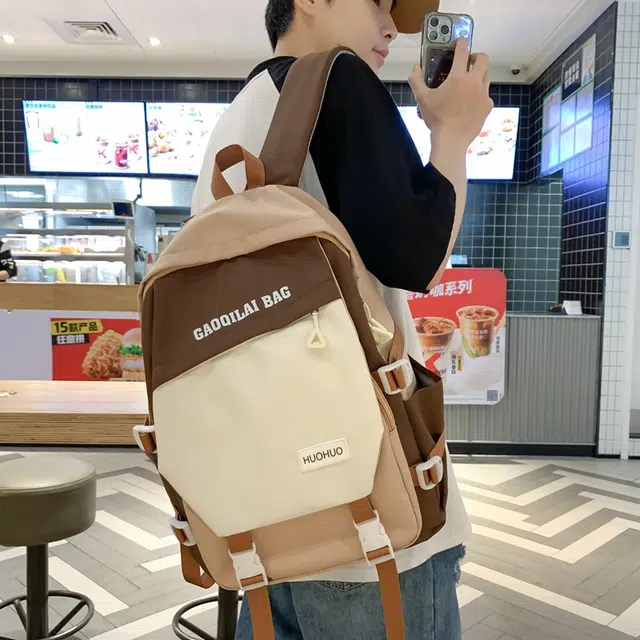 單倉 韩版休闲简约拼色初高中学生大容量通勤百搭背包 尼龙 双肩包 男女同款情侣款 多色