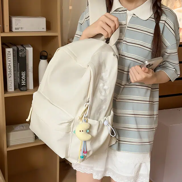 單倉 高颜值小清新设计学院风通勤百搭背包初高中学生大容量轻便耐磨书包 尼龙 双肩包 常规 男女同款情侣款 白色/粉色/蓝色/黑色/黄色