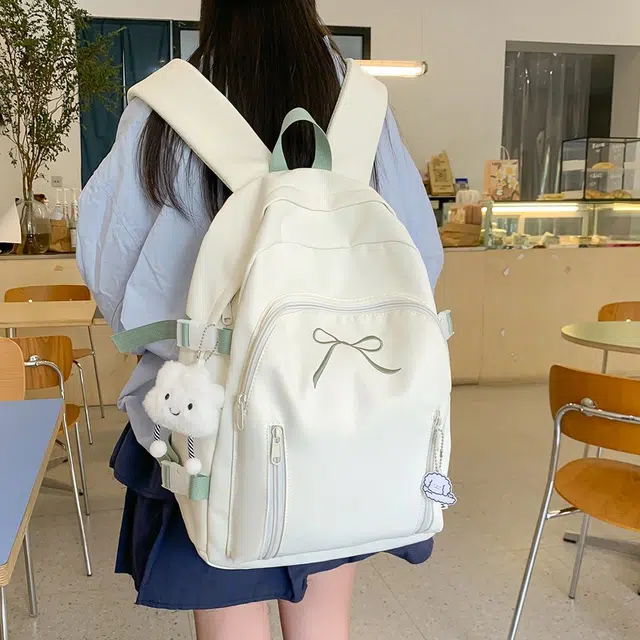 單倉 韩系可爱蝴蝶结设计初高中学生大容量书包简约通勤百搭背包 尼龙 双肩包 女款 米白色/黄色/粉色/蓝色/黑色