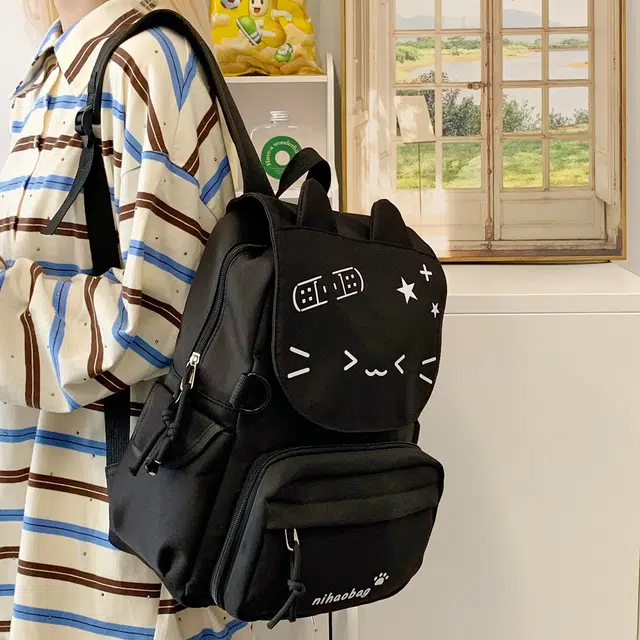 單倉 高颜值可爱猫咪日系可拆卸学院风轻便耐磨背包初高中学生大容量通勤百搭书包 尼龙布 双肩痛包 常规 女款 黄色/绿色/蓝色/黑色
