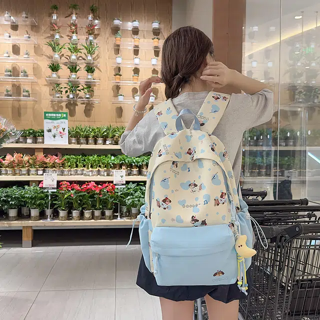單倉 高颜值印花设计学院风轻便耐磨书包初高中学生大容量通勤百搭背包 尼龙 双肩包 常规 男女同款情侣款 黑色/粉色/蓝色/绿色/黄色