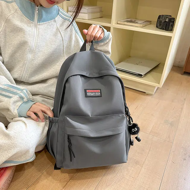 單倉 日系简约休闲学院风通勤百搭初高中学生大容量轻便设计感书包 尼龙 背包双肩包 男女同款情侣款 黑色/白色/粉色/灰色/蓝色/绿色