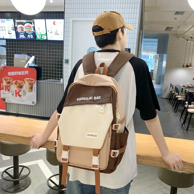 單倉 韩版休闲简约拼色初高中学生大容量通勤百搭背包 尼龙 双肩包 男女同款情侣款 多色