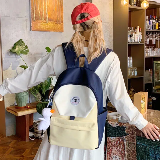 單倉 马卡龙轻便简约撞色日系初高中学生书包小众设计休闲旅行大容量背包 尼龙布 双肩包 男女同款情侣款 粉红色/黄色/蓝色/绿色