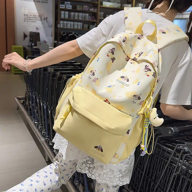 單倉 高颜值印花设计学院风轻便耐磨书包初高中学生大容量通勤百搭背包 尼龙 双肩包 常规 男女同款情侣款 黑色/粉色/蓝色/绿色/黄色