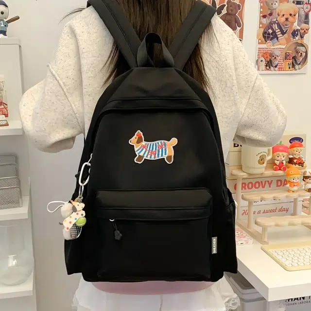 單倉 日系可爱腊肠狗书包初高中大学生简约百搭小清新卡通短途旅行 复合布 背包双肩包 男女同款情侣款 白色/蓝色/黑色/绿色