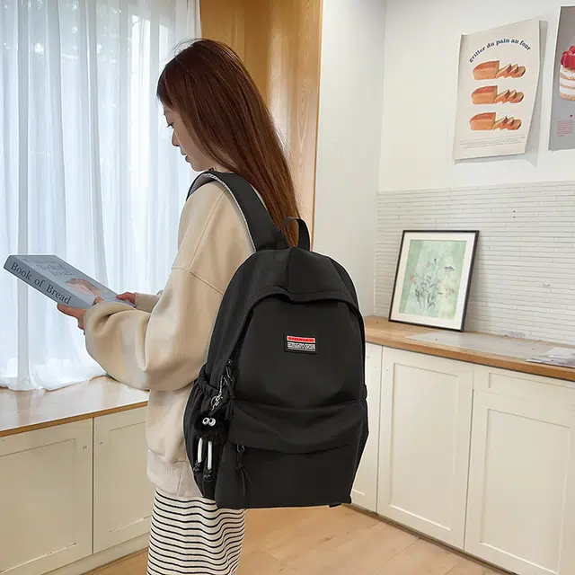 單倉 日系简约休闲学院风通勤百搭初高中学生大容量轻便设计感书包 尼龙 背包双肩包 男女同款情侣款 黑色/白色/粉色/灰色/蓝色/绿色
