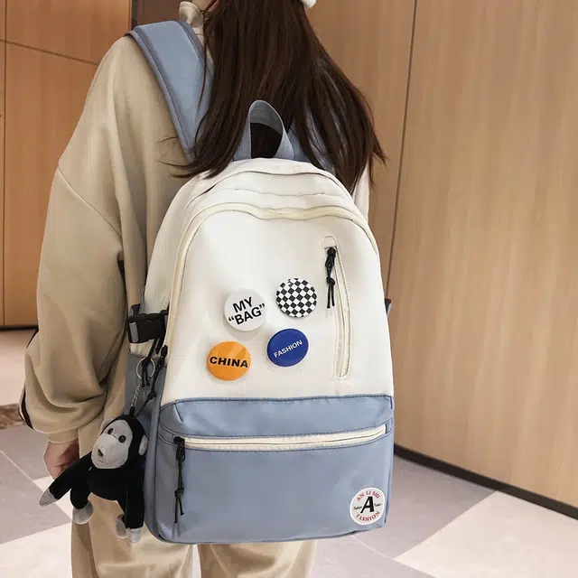 單倉 潮流简约设计大容量初高中学生轻便百搭书包 尼龙 背包双肩包 常规 男女同款情侣款 黑色/黑配白/浅蓝配白/深蓝配白