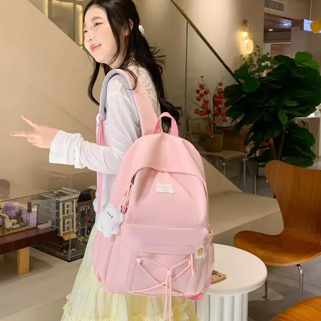單倉 韩版软糯初高中学生通勤百搭大容量书包马卡龙简约休闲背包 斜纹布 双肩包 男女同款情侣款 黑色/粉红色/黄色/浅绿色/米色