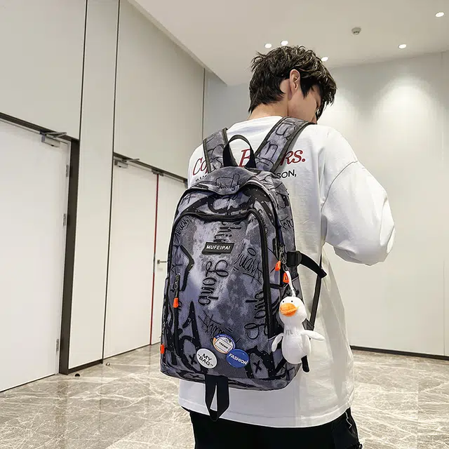 單倉 时尚个性街头涂鸦双肩包初高中学生百搭潮酷大容量旅行 尼龙 书包背包 常规 男女同款情侣款 蓝色/白色/黑色