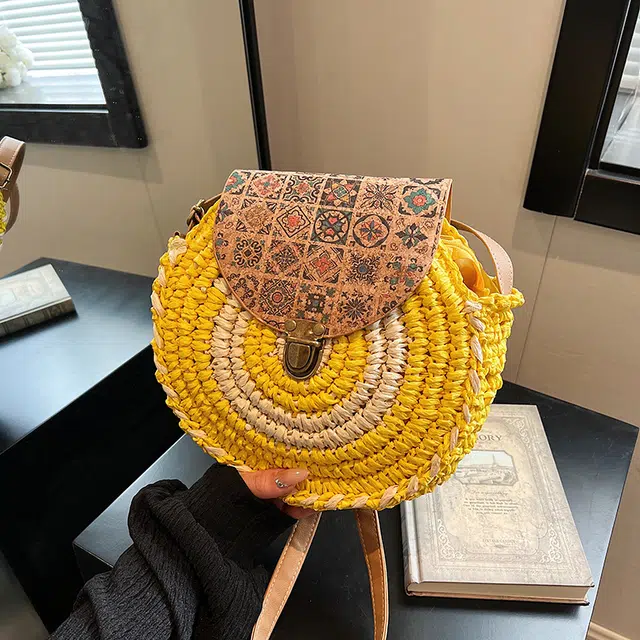 單倉 编织文艺森系沙滩草编大容量 草 斜挎包 常规 女款 卡基/米配卡其/米配咖/黄色