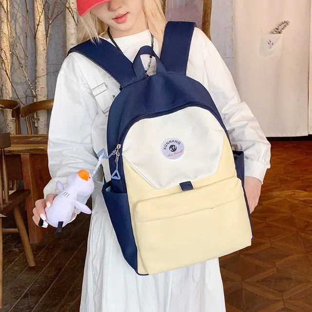 單倉 马卡龙轻便简约撞色日系初高中学生书包小众设计休闲旅行大容量背包 尼龙布 双肩包 男女同款情侣款 粉红色/黄色/蓝色/绿色